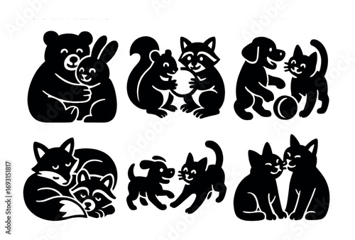 Animal friendship silhouette icon set. featuring bear, rabbit, squirrel, raccoon, dog, cat, and fox symbols..