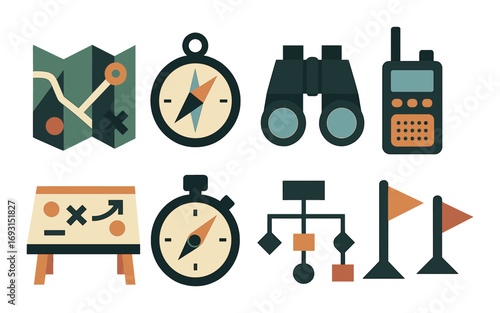 Adventure travel flat icons set. featuring map, compass, binoculars, radio, planning board, stopwatch, workflow, flag symbols.