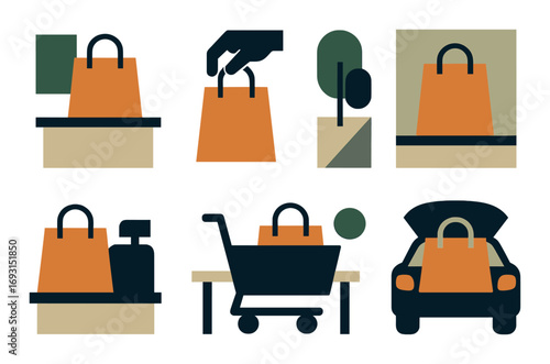 Shopping and delivery flat icon set. featuring bag, cart, hand, store, car, and tree symbols.