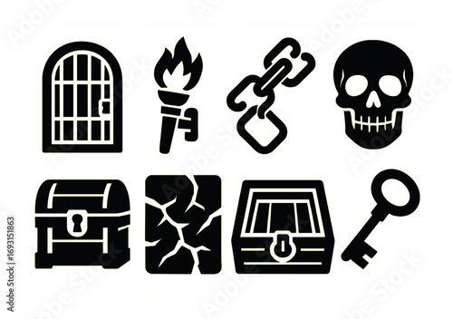 Dungeon adventure silhouette icon set. featuring door, torch, chains, skull, treasure, crack, and key symbols.