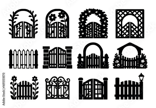 Garden gates silhouette icon set. featuring floral, wooden, arch, ornate, lattice, and picket gate designs.