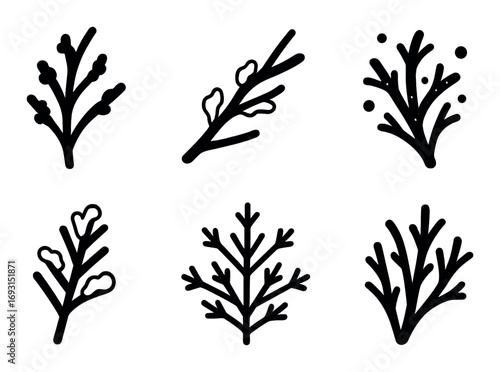 Nature silhouette icons set. featuring branch, foliage, plant, twig, leaf, bush symbols.
