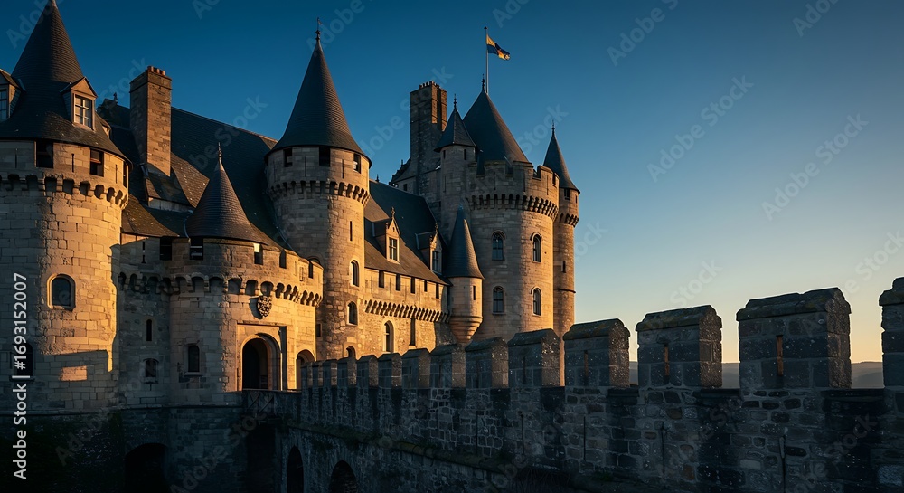 Fototapeta premium Majestic Castle at Sunset - A Timeless Architectural Marvel.