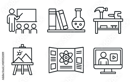 Education and science linear icon set. featuring classroom, books, lab, workshop, easel, poster, video lecture.
