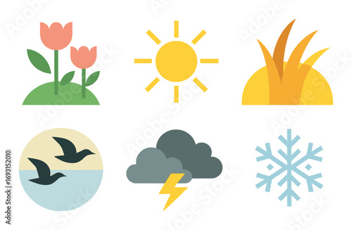 Nature and weather flat icons set. featuring flower, sun, grass, birds, cloud, and snowflake symbols.