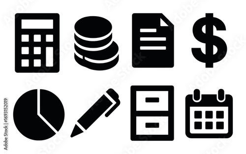 Business silhouette icon set. featuring calculator, coins, document, dollar, chart, pen, file, calendar symbols.