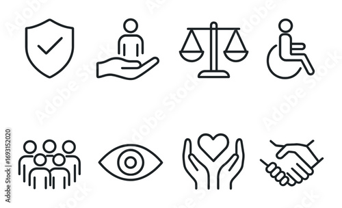 Inclusion and accessibility linear icon set. featuring shield, support, equality, accessibility, community, vision, care, handshake.