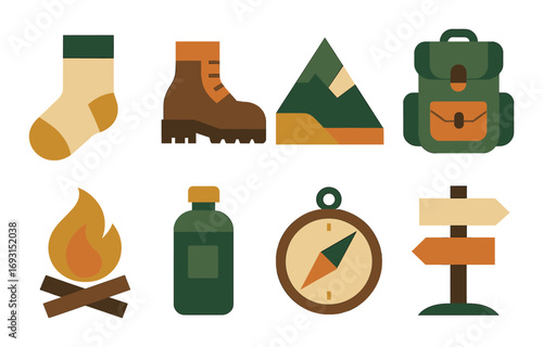 Camping essentials flat icon set. featuring sock, boot, mountain, backpack, fire, bottle, compass, and signpost.