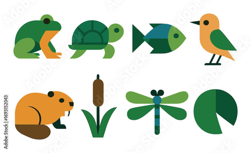 Wildlife silhouette icon set. featuring frog, turtle, fish, bird, beaver, cattail, dragonfly, and lily pad symbols.