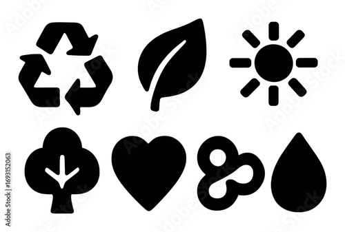 Ecology and nature silhouette icon set. featuring recycle, leaf, sun, tree, heart, molecule, and water drop symbols.