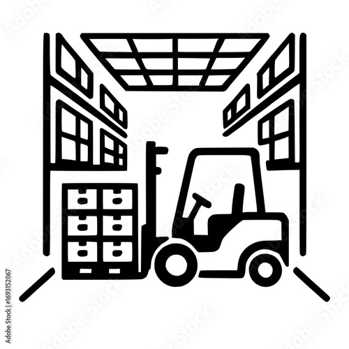 Forklift loads boxes in modern warehouse interior