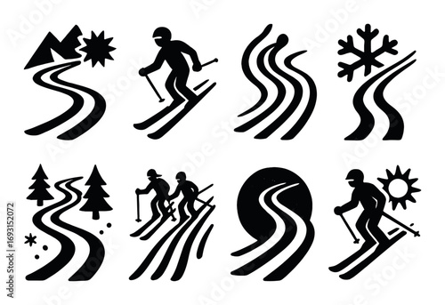 Winter activities silhouette icon set. featuring skiing, snowboarding, and snowflake symbols.