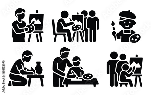 Art activities silhouette icon set. featuring painting, sculpting, art class, artist, and pottery symbols.