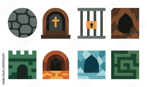 Adventure elements flat icons set. featuring stone wall, tombstone, jail cell, cave entrance, castle gate, lava passage, ice path, maze.