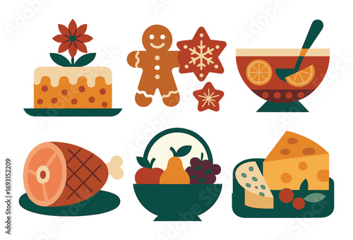 Festive food flat icon set. featuring cake, gingerbread, punch, ham, fruit bowl, cheese.
