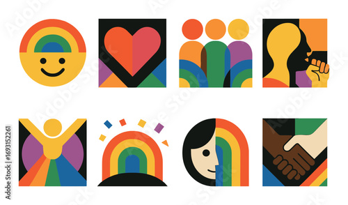 Lgbtq+ flat icons set. featuring smile, heart, pride, equality, support, community, friendship, and celebration symbols.
