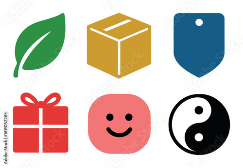 Lifestyle flat icon set. featuring leaf, cube, shield, gift, smiley face, and yin-yang symbols.