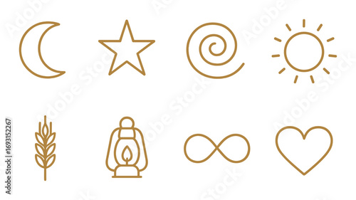 Nature and universe linear icon set. featuring moon, star, spiral, sun, wheat, lantern, infinity, heart.