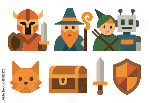 Medieval fantasy flat icon set. featuring warrior, wizard, archer, robot, cat, chest, sword, and shield.