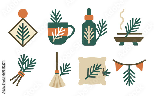 Winter aroma flat icon set. featuring pine, mug, oil, incense, broom, pillow, banner symbols.