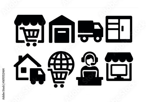 E-commerce silhouette icon set. featuring shopping cart, warehouse, delivery truck, store, support, globe.