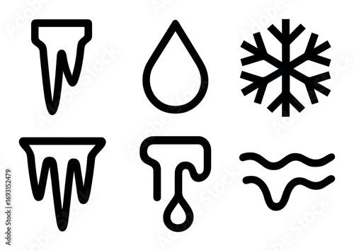 Winter elements silhouette icon set. featuring icicle, rain, snowflake, drop, melting, wave symbols.