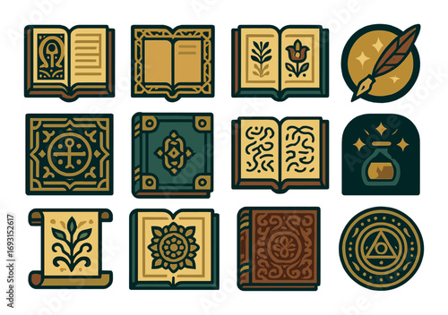 Magic books flat icon set. featuring spellbook, scroll, quill, potion, and alchemy symbols.