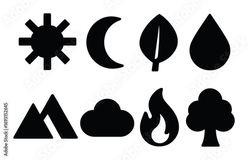 Nature elements silhouette icon set. featuring sun, moon, leaf, water, mountain, cloud, fire, tree symbols.