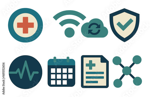 Healthcare and tech flat icon set. featuring medical cross, wifi, sync, shield, heartbeat, calendar, document, network.