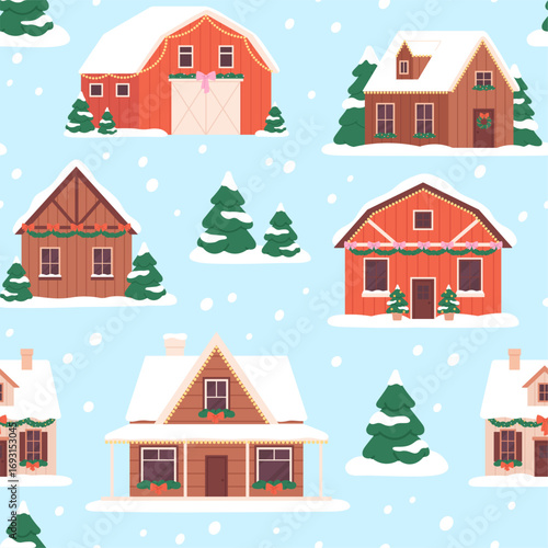 Winter houses seamless pattern. Christmas decorations on red barn and wooden countryside buildings. Fir tree in snow, holiday racy vector background