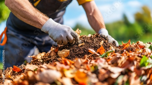 Composting Man in Gloves, Fall Leaves and Soil, gardening , recycle