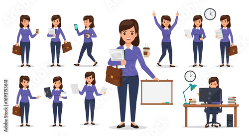 Cartoon office worker character constructor vector illustration. A businesswoman wearing a purple shirt and trousers holds a briefcase, documents, a smartphone, and a coffee cup.