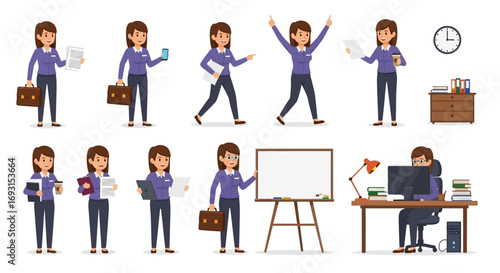 Cartoon office worker character constructor vector illustration. A businesswoman wearing a purple shirt and trousers holds a briefcase, documents, a smartphone, and a coffee cup.