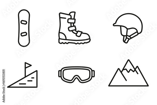 Snowboarding gear icons: helmet, boots, goggles, snowboard, mountain, slope