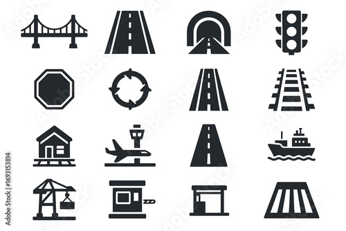 Transportation icon set featuring bridge, road, tunnel, traffic light, and more