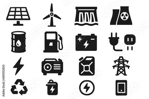 Energy icons set: solar, wind, hydro, nuclear, electric, recycle, power symbols