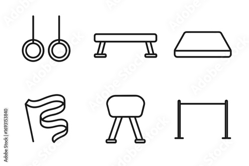 Outline icons of gymnastics equipment: rings, beam, pommel horse, and more