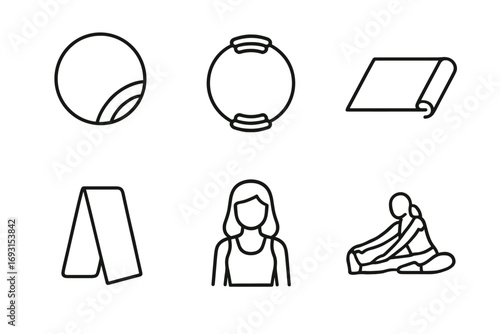 Yoga and fitness icons: mat, balance ball, stretching woman, equipment, exercise
