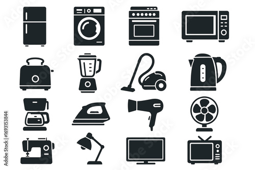 Home appliance icons set including refrigerator, oven, washer, microwave, and more