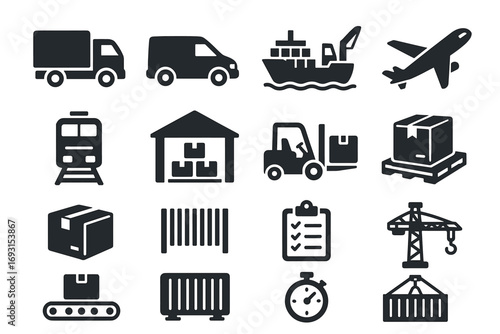 Logistics and transportation icons: trucks, ships, airplane, train, warehouse, forklift, crane