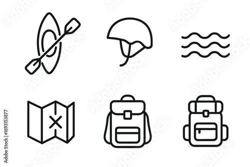 Outdoor adventure icons: kayak, helmet, waves, map, backpack