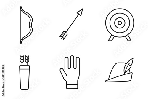 Outline icons of archery equipment: bow, arrow, target, quiver, glove, hat