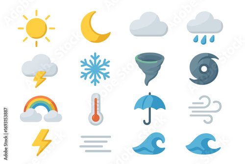 Weather icons: sun, moon, cloud, rain, snowflake, tornado, hurricane, rainbow, thermometer, umbrella, wind, waves, lightning