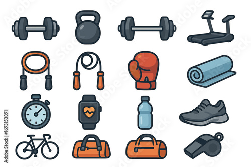 Fitness equipment icons: dumbbell, kettlebell, treadmill, jump rope, boxing glove, yoga mat