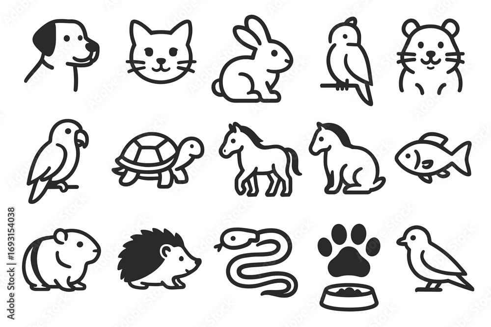 Fototapeta premium Set of simple outline animal icons featuring cat, dog, fish, turtle, and more