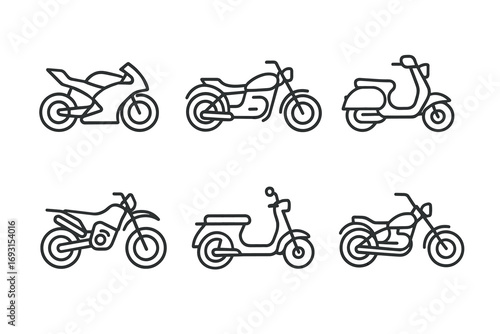 Set of six motorcycle and scooter illustrations in simple outline style