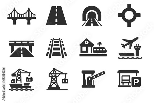 Transportation icons: bridge, road, tunnel, roundabout, overpass, railway, hospital, airplane, port, crane, parking