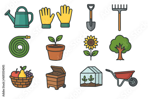 Gardening tools and plants collection: watering can, gloves, shovel, rake, hose, plant, sunflower, tree, fruits, compost, greenhouse, wheelbarrow