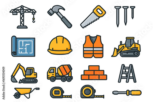 Construction tools and equipment icons: machinery, safety gear, blueprints, safety vests