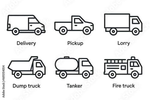 Illustrated icons of various trucks: delivery, pickup, lorry, dump truck, tanker, fire truck